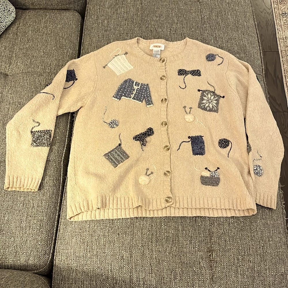Talbots Beige Knit Cardigan with Navy and Cream Embroidered Motifs